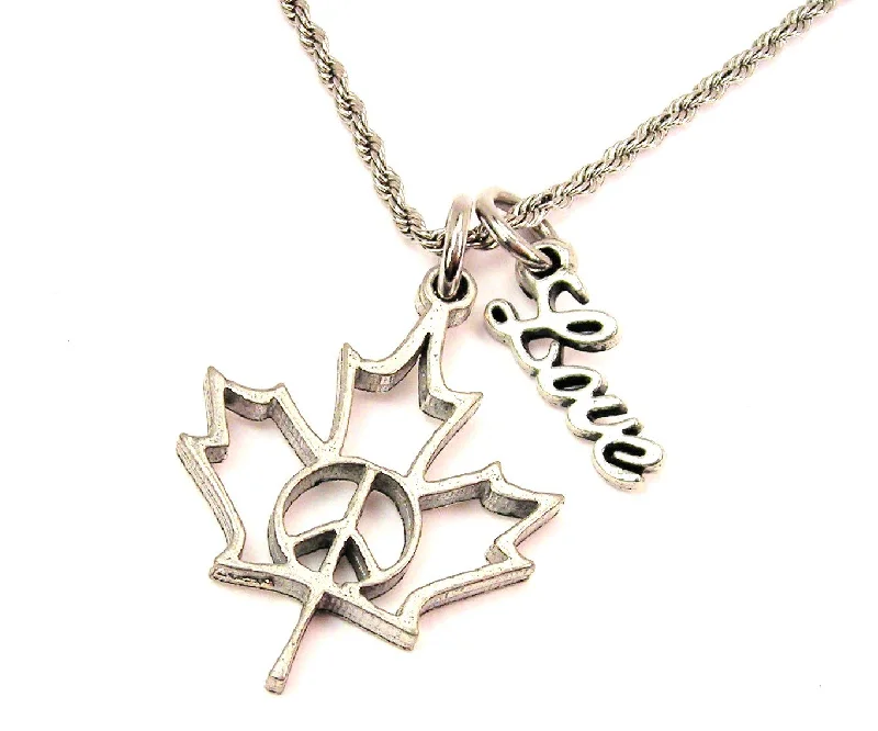 engraved necklaces for women -Maple Leaf With Peace Sign 20" Chain Necklace With Cursive Love Accent