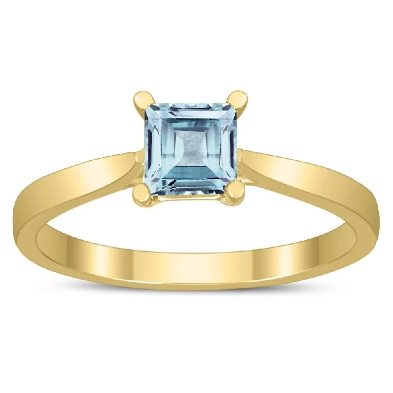 Square Princess Cut 5MM Aquamarine Solitaire Ring in 10K Yellow Gold