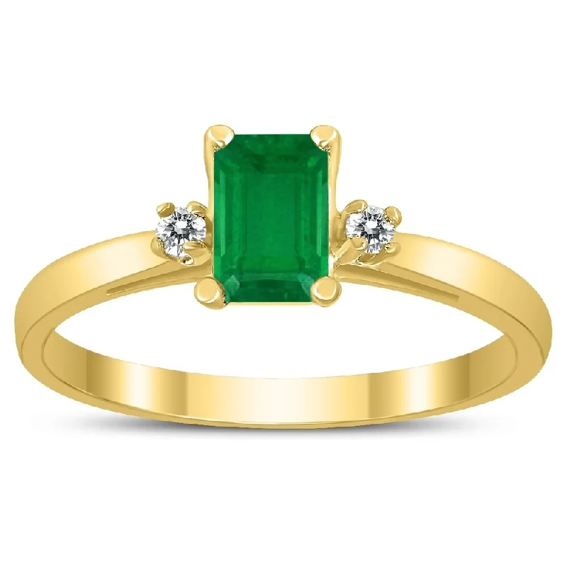 Emerald Cut 6X4MM Emerald and Diamond Three Stone Ring in 10K Yellow Gold