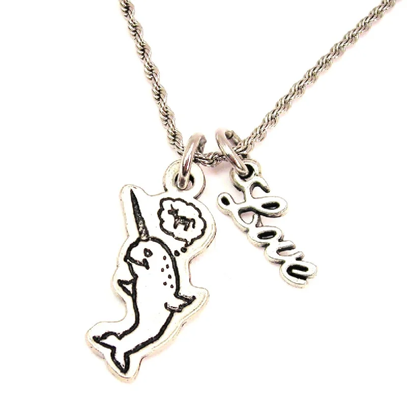 gold heart-shaped necklaces -Narwhal Wants To Be A Unicorn 20" Chain Necklace With Cursive Love Accent