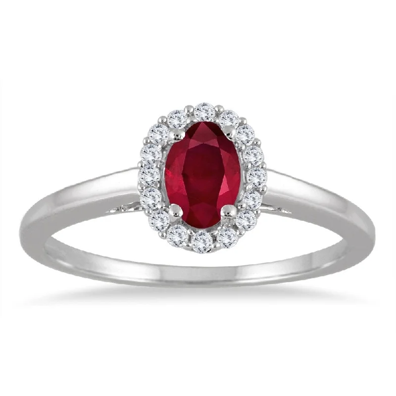 6x4MM Oval Shape Ruby and Diamond Halo Ring in 10K White Gold