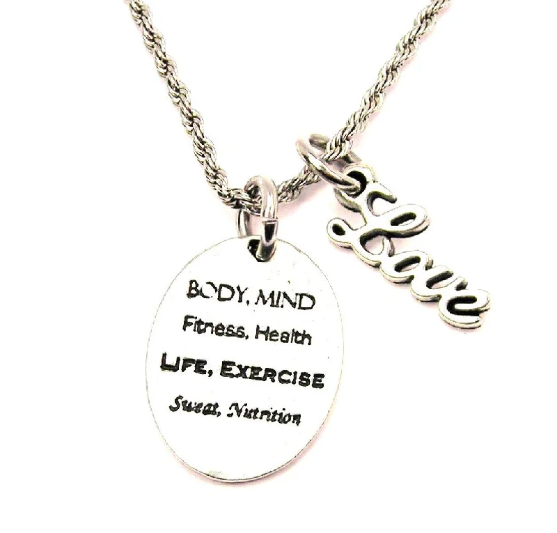 trendy necklaces for women -Body Mind Fitness Health Life Exercise Sweat Nutrition 20" Chain Necklace With Cursive Love Accent