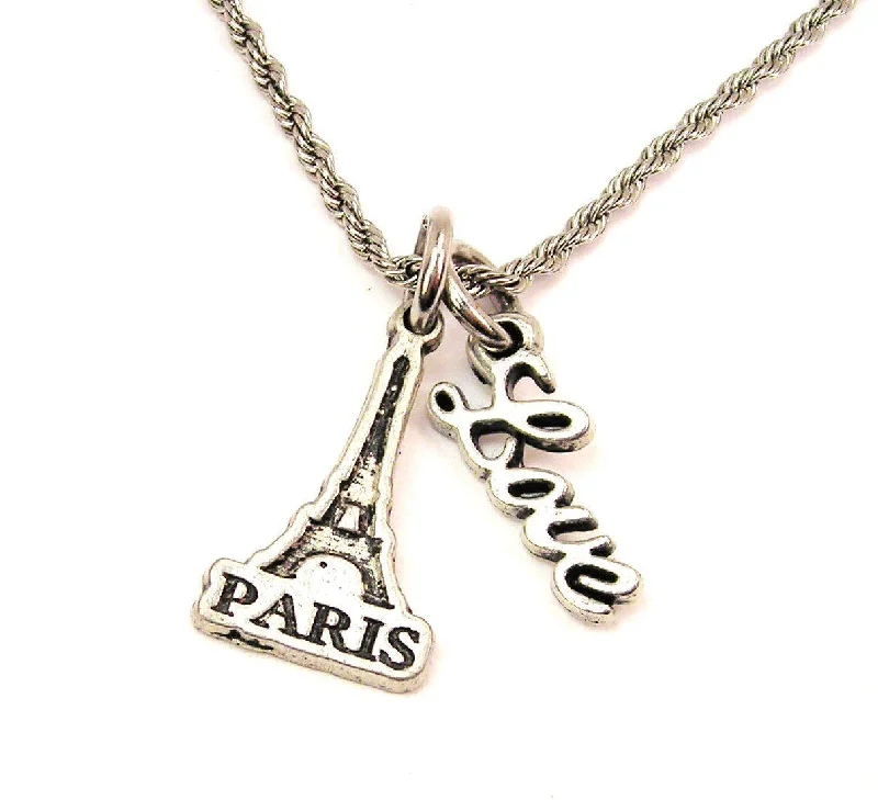 simple chain necklaces for women -Paris With Eiffel Tower 20" Chain Necklace With Cursive Love Accent