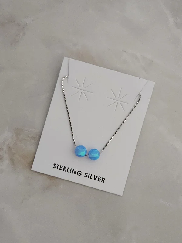 dainty gold necklaces for women -Sterling Silver Baby Blue Lab Opal 2 Bead Necklace