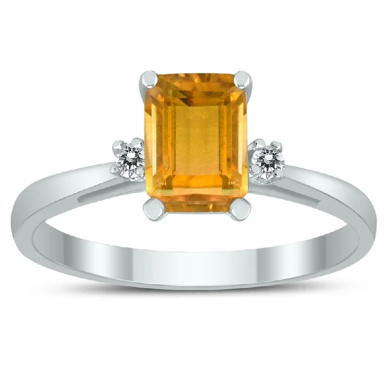 Emerald Cut 7X5MM Citrine and Diamond Three Stone Ring in 10K White Gold