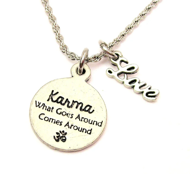 vintage necklaces for women -Karma What Goes Around Comes Around 20" Chain Necklace With Cursive Love Accent