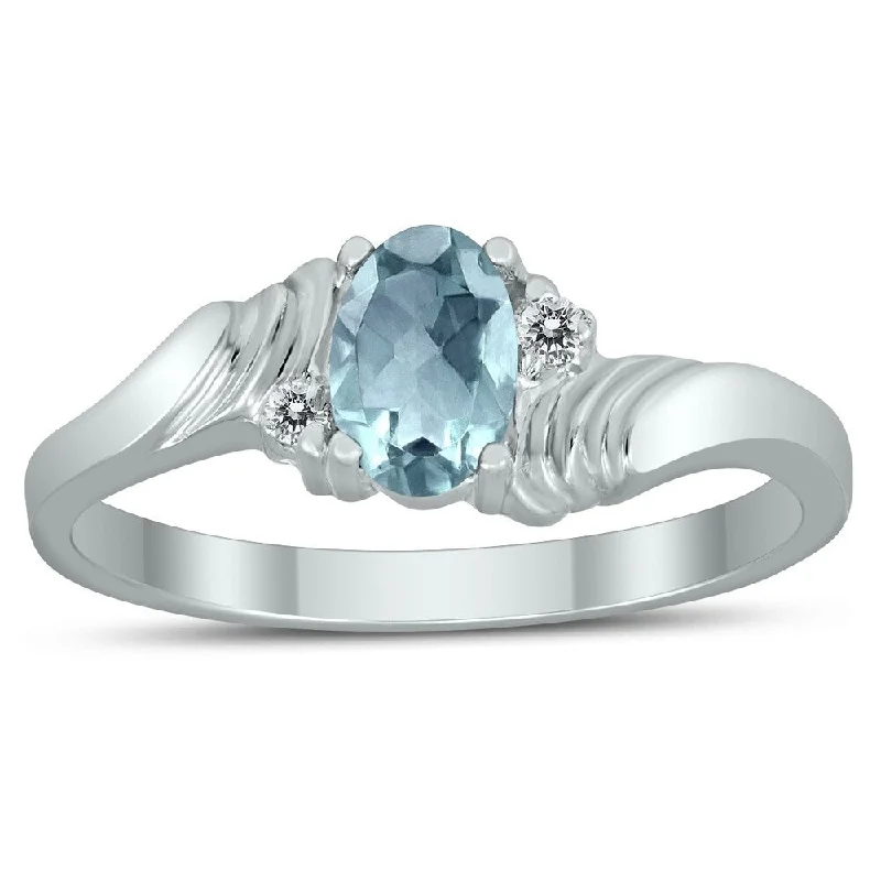 6X4MM Aquamarine and Diamond Wave Ring in 10K White Gold