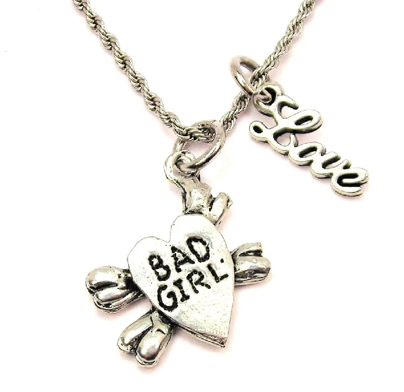 sterling silver necklaces for women -Bad Girl Skull And Crossbones 20" Chain Necklace With Cursive Love Accent