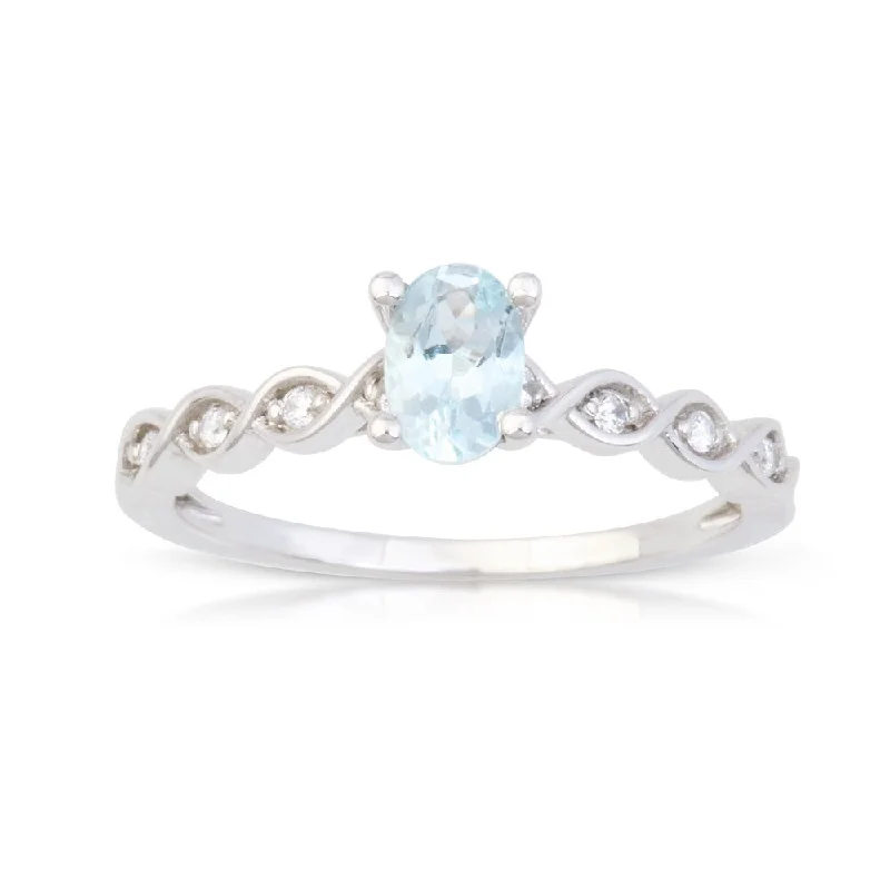 Oval Cut Aquamarine Gemstone 1/20ct TDW Diamond Classic Ring in 10k White Gold