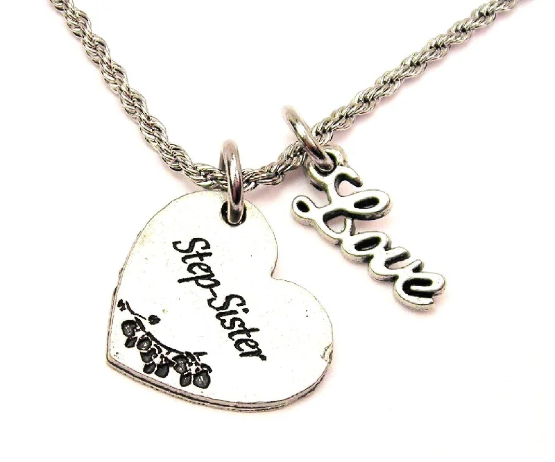 crystal pendant necklaces for women -Step Sister Heart 20" Chain Necklace With Cursive Love Accent