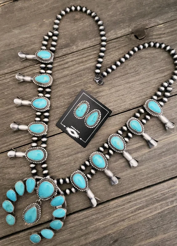 bohemian necklaces for women -Stamped Sterling Silver Sonoran Turquoise Navajo Pearl Squash Blossom Necklace & Earring Set