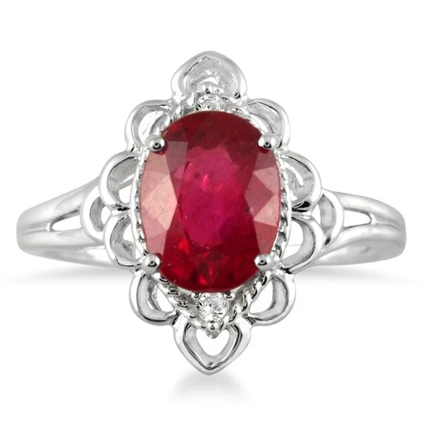 2.50 Carat Oval Ruby and Diamond Engraved Ring in 10K White Gold