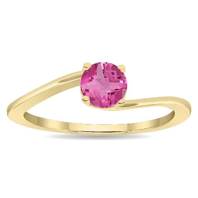 Women's Round Shaped Solitaire Pink Topaz Wave Ring in 10K Yellow Gold