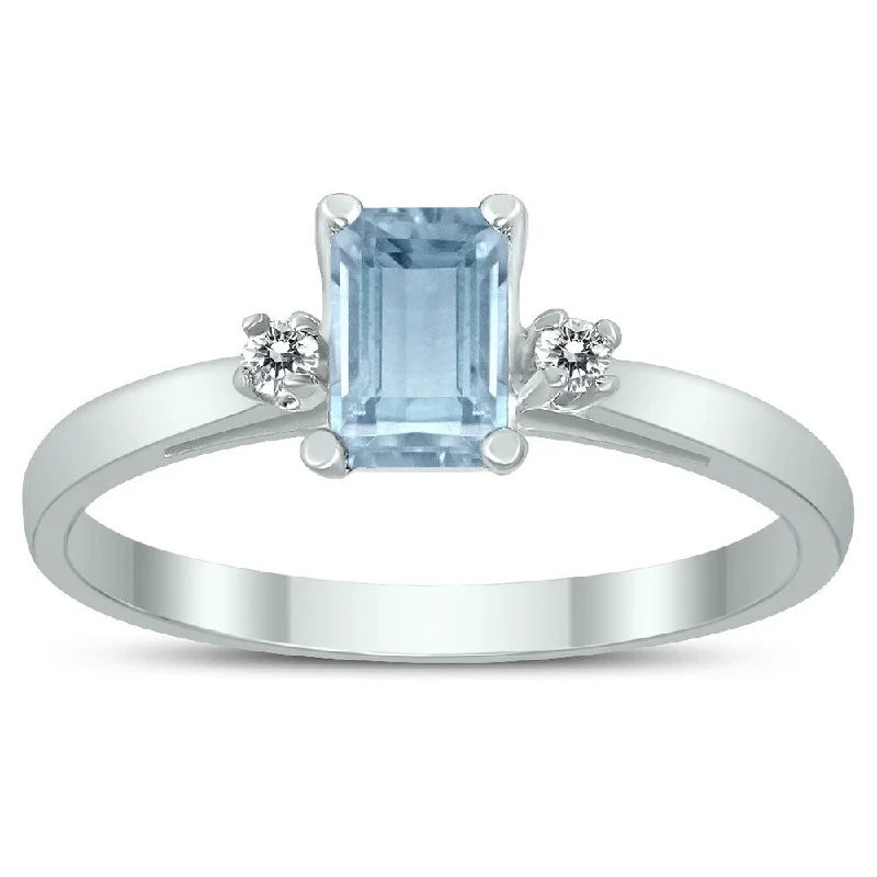 Emerald Cut 6X4MM Aquamarine and Diamond Three Stone Ring in 10K White Gold