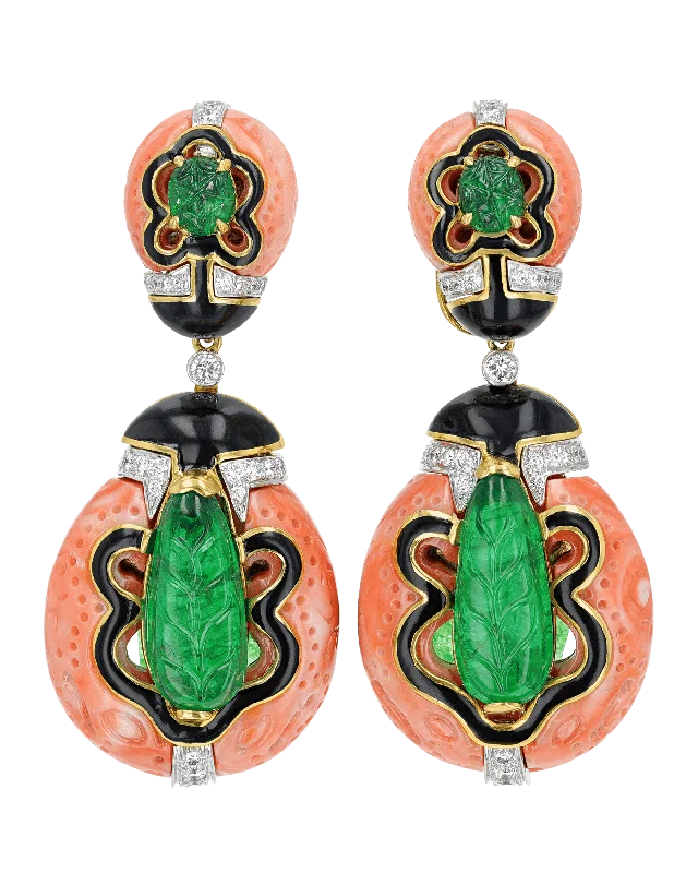 infinity rings for women -chic earrings for women -David Webb Coral, Emerald and Diamond Earrings