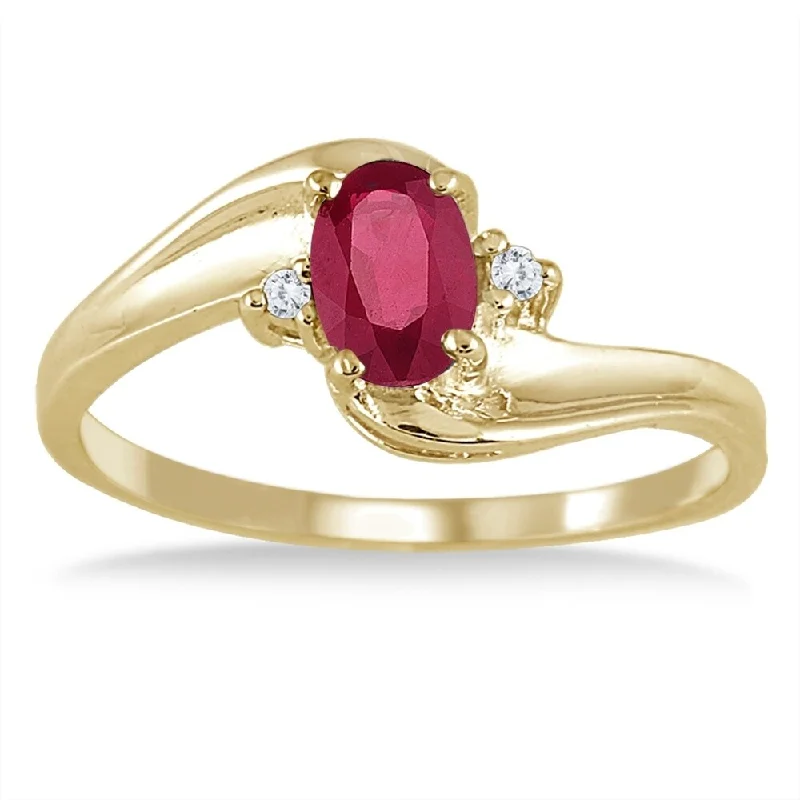 Ruby Gemstone and Diamond Wave Ring 14k Yellow Gold