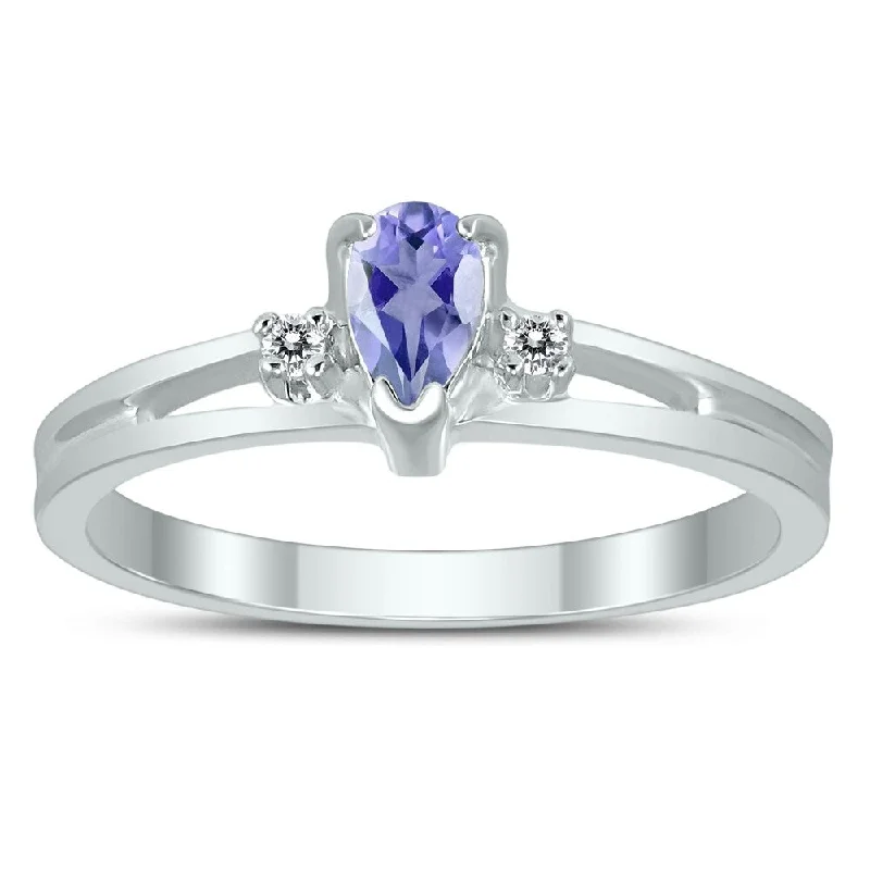 5X3MM Tanzanite and Diamond Pear Shaped Open Three Stone Ring in 10K White Gold