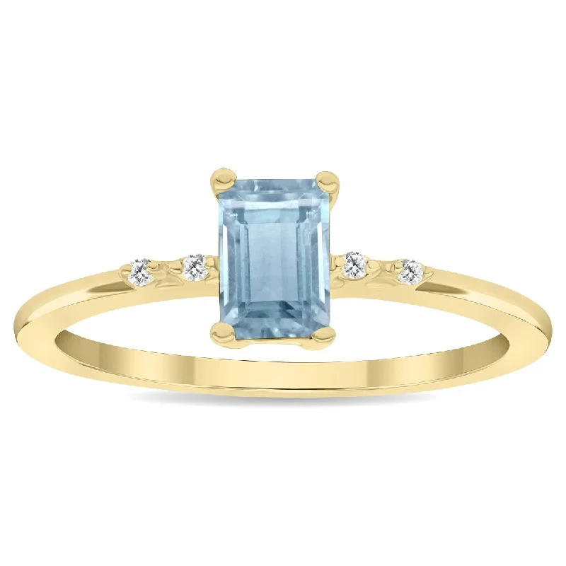 Women's Emerald Cut Aquamarine and Diamond Sparkle Ring in 10K Yellow Gold