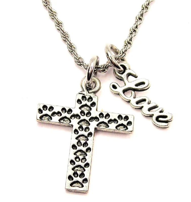 vintage bridal necklaces for women -Paw Print Cross 20" Chain Necklace With Cursive Love Accent