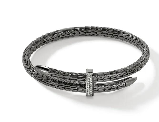 stackable bracelets for women -Spear Silver 0.24cttw Diamond Pave Bypass Flex Cuff with Black Rhodium Sz M by John Hardy