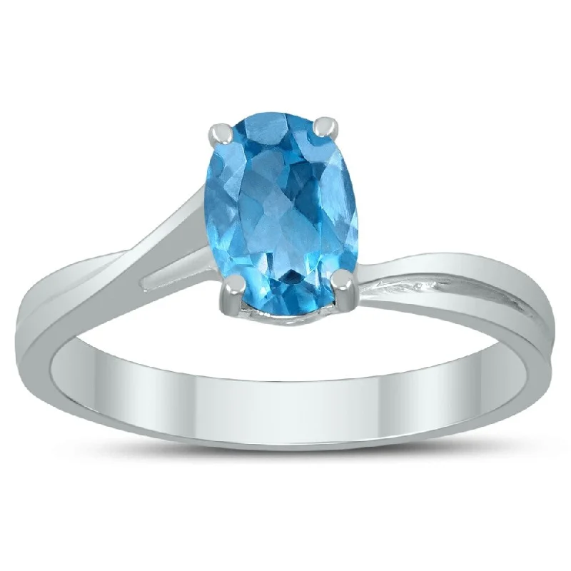 Solitaire Oval 7X5MM Blue Topaz Gemstone Twist Ring in 10K White Gold