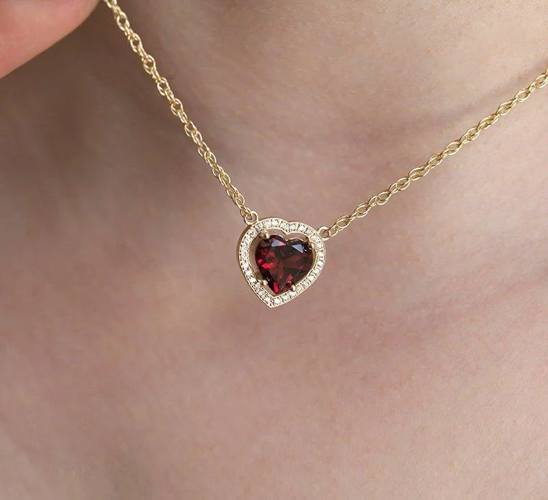 luxurious necklaces for women -Heart Garnet & Diamond Halo Necklace