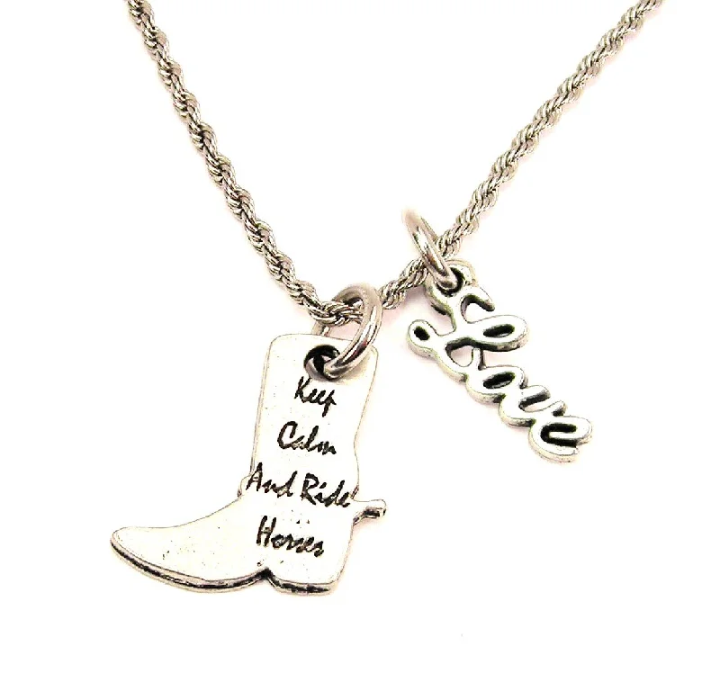 statement necklaces for women -Keep Calm And Ride Horses 20" Chain Necklace With Cursive Love Accent