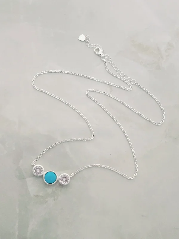 fashion necklaces for women -Sterling Silver 3 Stone Turquoise & Cz Necklace